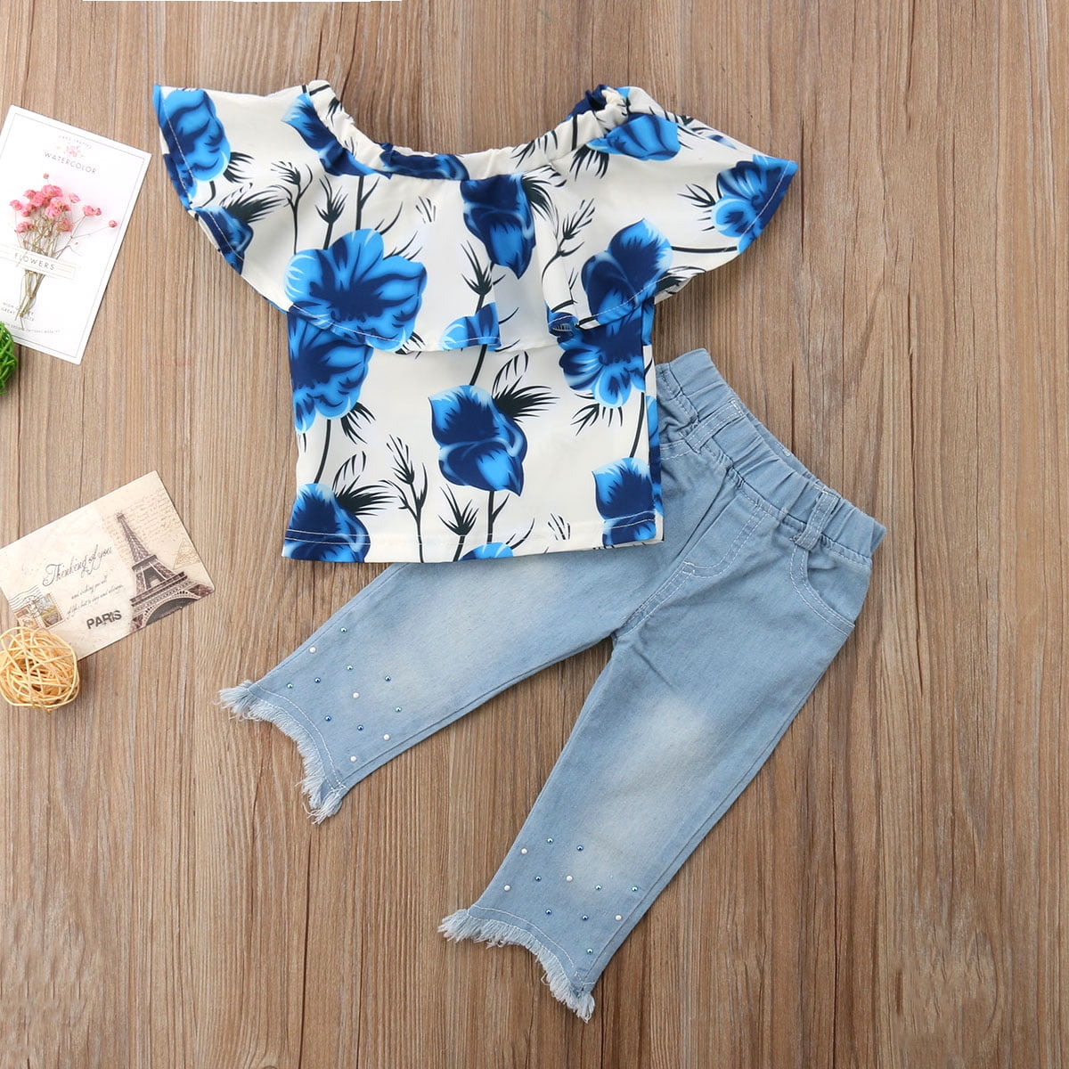 2-piece Kid Girl Floral Print Off Shoulder Pompom Design Tee and Denim Jeans Set