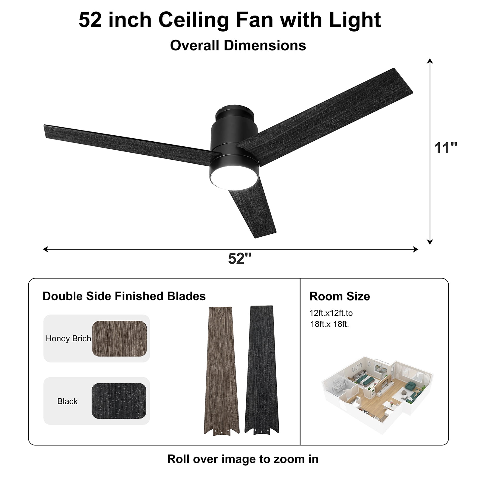 Ohniyou 52 " Flush Mount Ceiling Fans with Light and Remote Low Profile 3 Blades Outdoor Ceiling Fan for Patio Kitchen Bedroom, Black