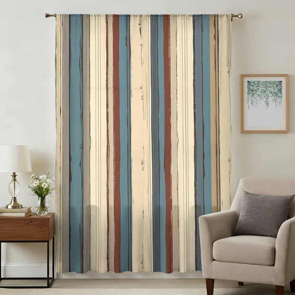 Aqua Beige Striped Sheer Curtains 63 Inches Long, Farmhouse Ethnic Tribe Light Filering Curtains, Breathable Simi Curtain Privacy Drapes for Living Room Bedroom Lightweight Window Treatment