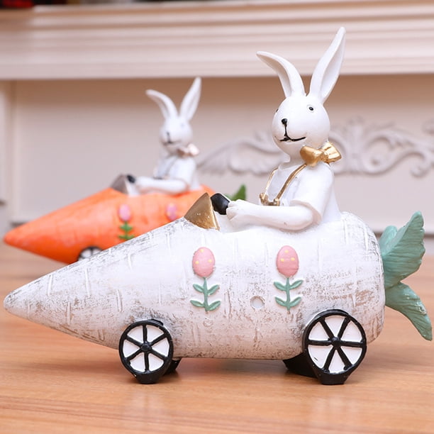 Adorno de resina de conejo de PascuaCarrot Car • Decoración de Pascua en el escritorio • Figurita blanca naranja 6,3x7,87x3,15 in • Decoración de estantería para coches domésticos