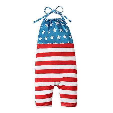 

Toddler Baby Girls Jumpsuit Independence Day Pattern Strap Sleeveless Romper with Pockets Haren Pants Summer Casual One Piece Outfits