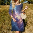 thumbnail image 3 of Pink And Blue Galaxy Sky Flare Dress Square Neck Dress Elegant Female Fashion Printed Dress, 3 of 9