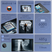 10.1 Inch HD Tablet, Octa-Core Processor Blue Android Tablet,12GB RAM,128 GB ROM, 8+13MP Dual Camera, G80 Tablet Computer