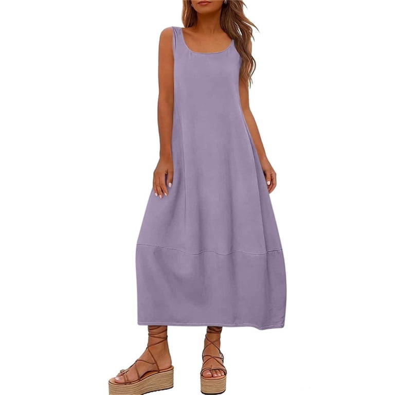 purple shift dresses ZQUUVOU Dresses for Women Linen Cotton Solid Sleeveless Crewneck Loose Shift  Dress Casual Summer Lightweight Midi Dress Purple