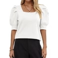 thumbnail image 2 of Solid Square Neck Women's Puff Short Sleeve Sweater Tops Rendy Casual Knit Tops, 2 of 6