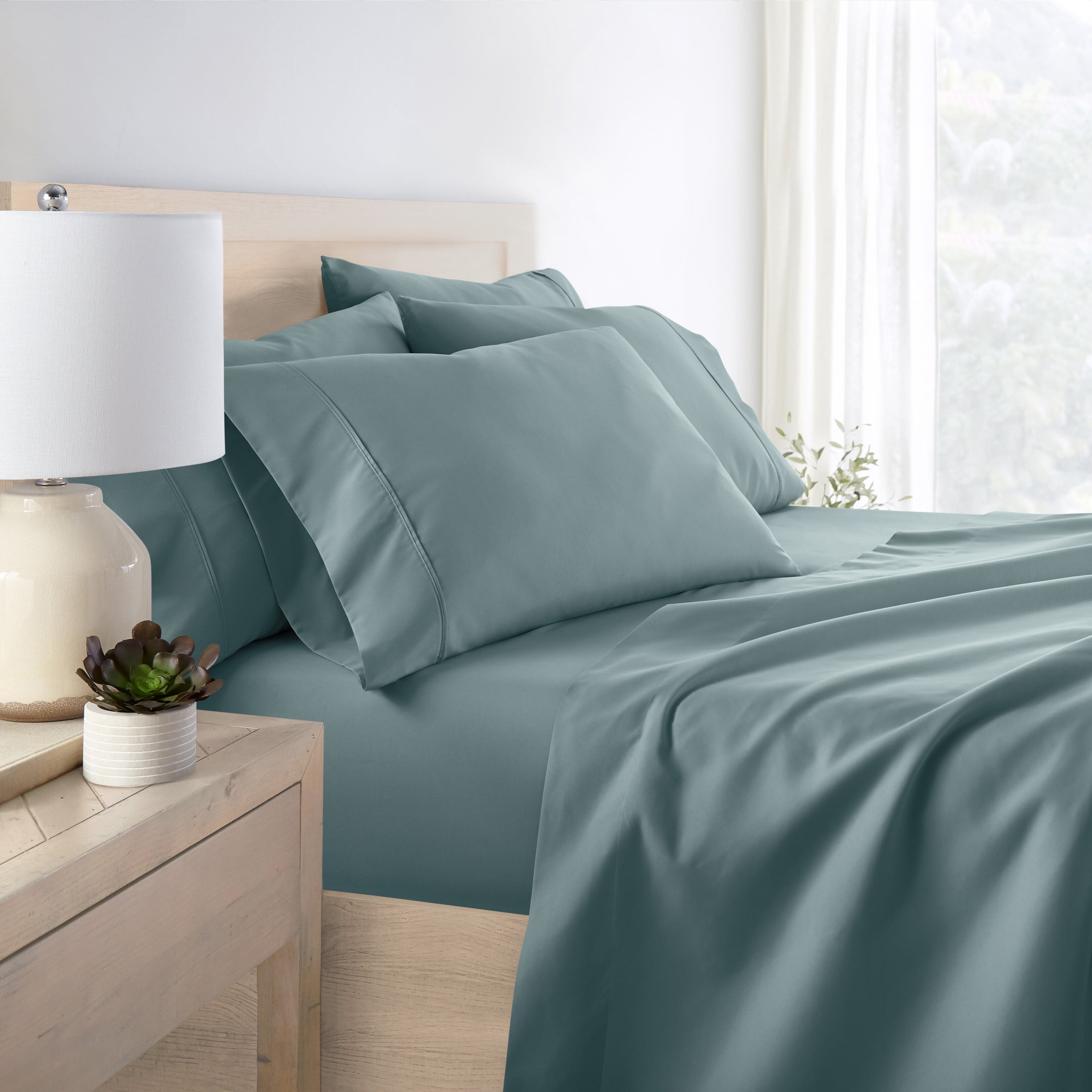 King, Ocean Solid Microfiber 6 Piece Bed Sheet Set, by Noble Linens