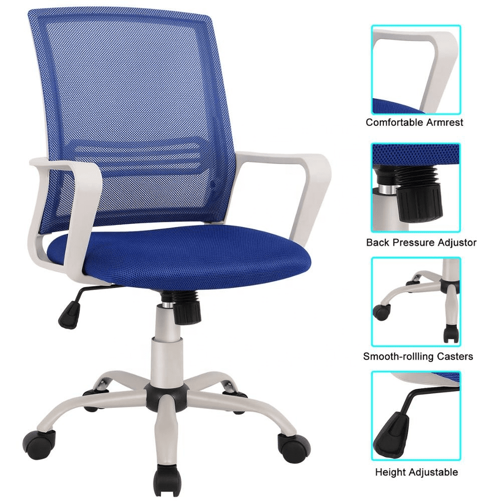 Home Office Desk Chair Computer Chair Mesh Swivel Chair Mid Back Office Chair with Wheels and Arms Blue