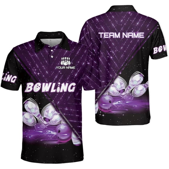 Custom 3D Bowling Polo Shirts for Men and Women Personalized Team Name Gift Unisex Customized Bowling Short Sleeve Polo Shirt (Purple, M)