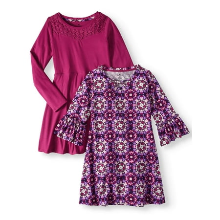 - Print and Lace Yoke Stud Soft Knit Dresses, 2-Pack (Little Girls & Big Girls)