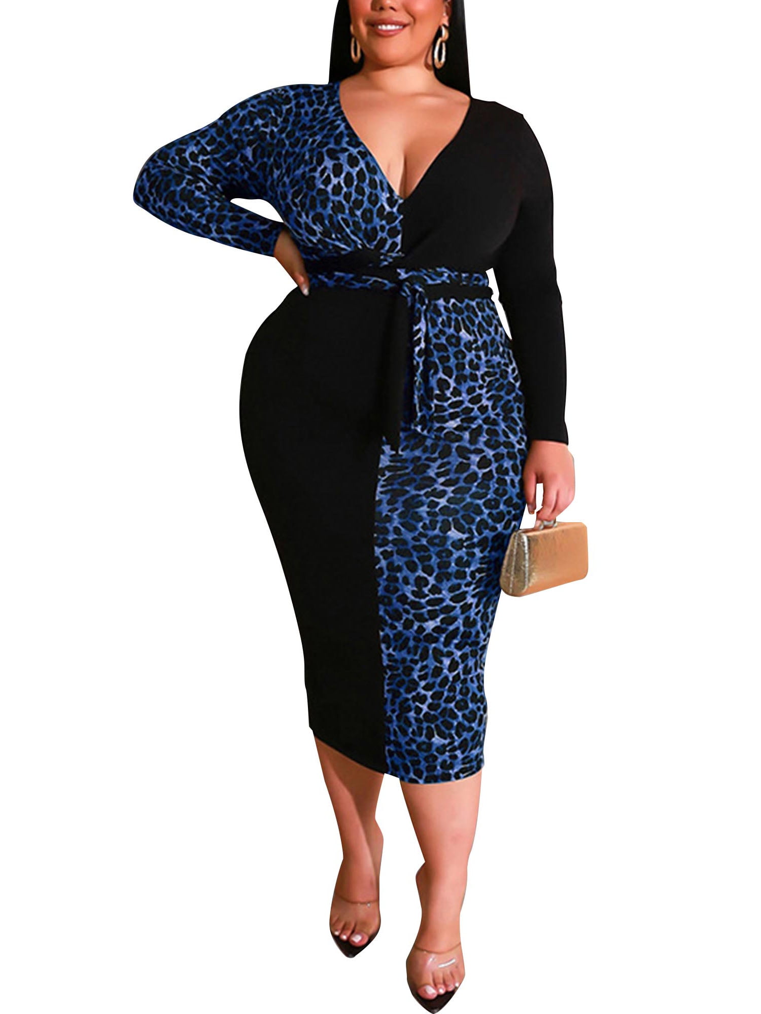 SpringTTC Women Leopard Stitching Bodycon Deep V Neck Long Sleeve Plus Size  Dress 