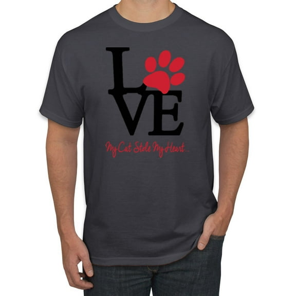 Wild Bobby, Love My Cat Stole My Heart Red Footprints Animal Lover Men's Graphic T-Shirt, Charcoal, Small