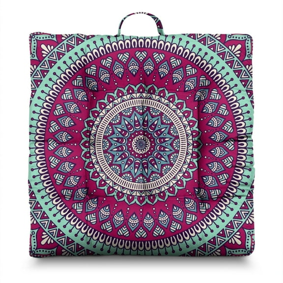 Ethnic Inspired Zabuton Oversized Mandala Meditation Cushion with Sacred Symbolic Motifs, Resilient After Sun Exposure