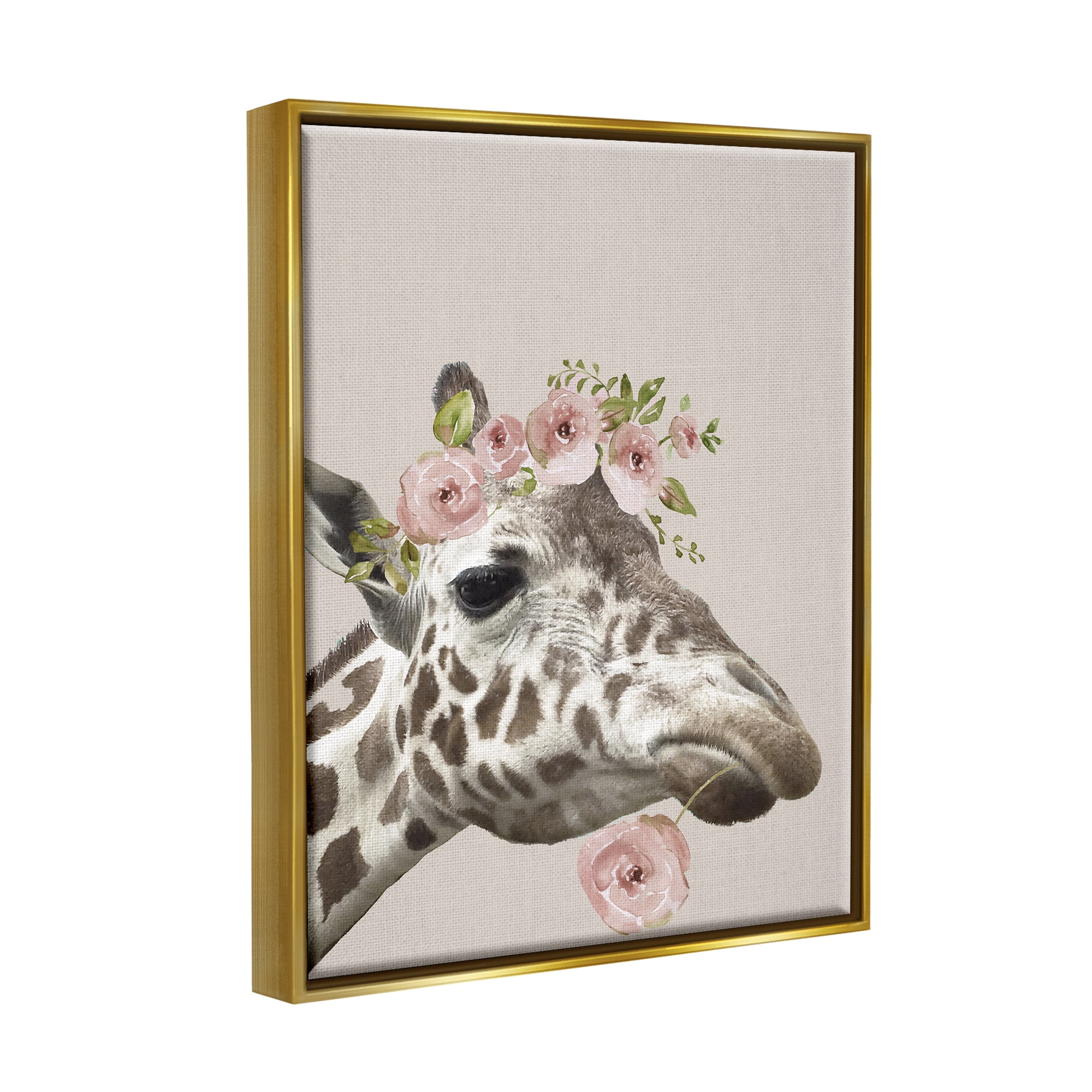 Stupell Industries Giraffe with Rose Crown Animals & Insects Painting Gold Floater Framed Canvas Art Print Wall Art, 17 x 21