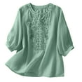 thumbnail image 3 of Dazajoo 3/4 Sleeve Linen Shirts for Women 2025 Summer Retro Embroidered Boho Tops Dressy Casual Notch V Neck Cotton Blouse,Green,L, 3 of 9