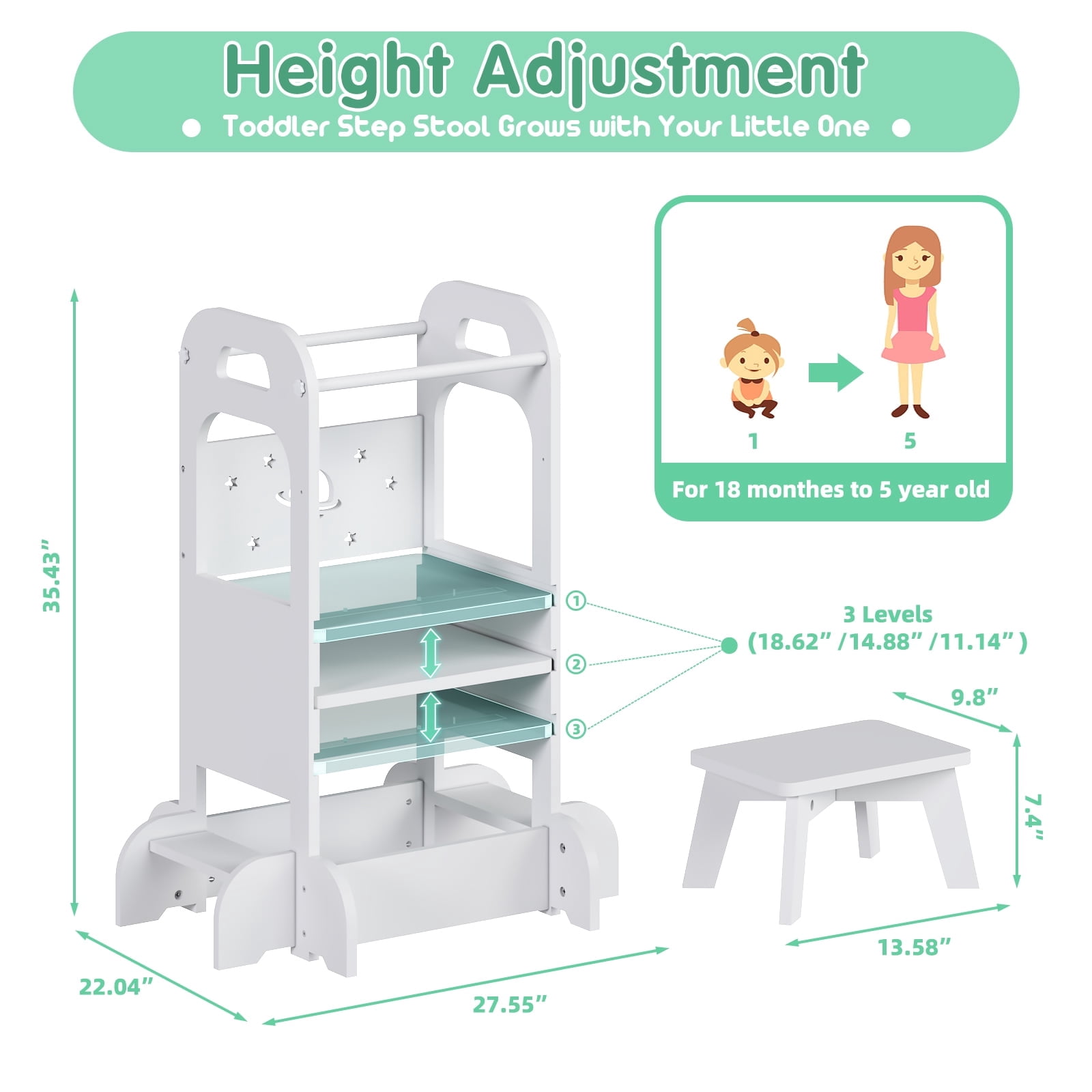 Yoneston Toddler Tower with Stool, Sky Pattern Designed Toddler Kitchen Kids Step Stool Helper with Safety Protection, White
