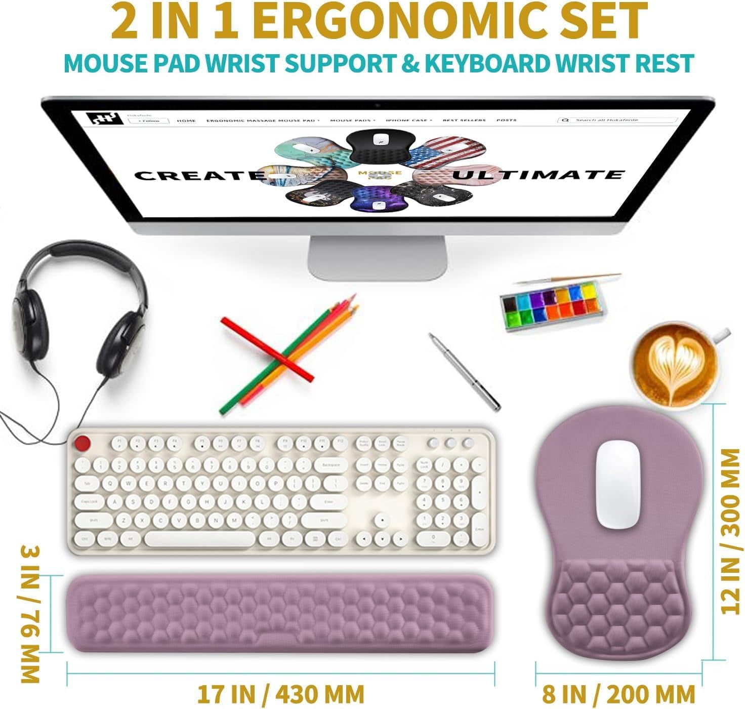 2 in 1   Pad Wrist Support & Wrist Rest for Computer Keyboard Set, with    Massage Bulge and Full Memory  Design (2In1 Set, Purple)