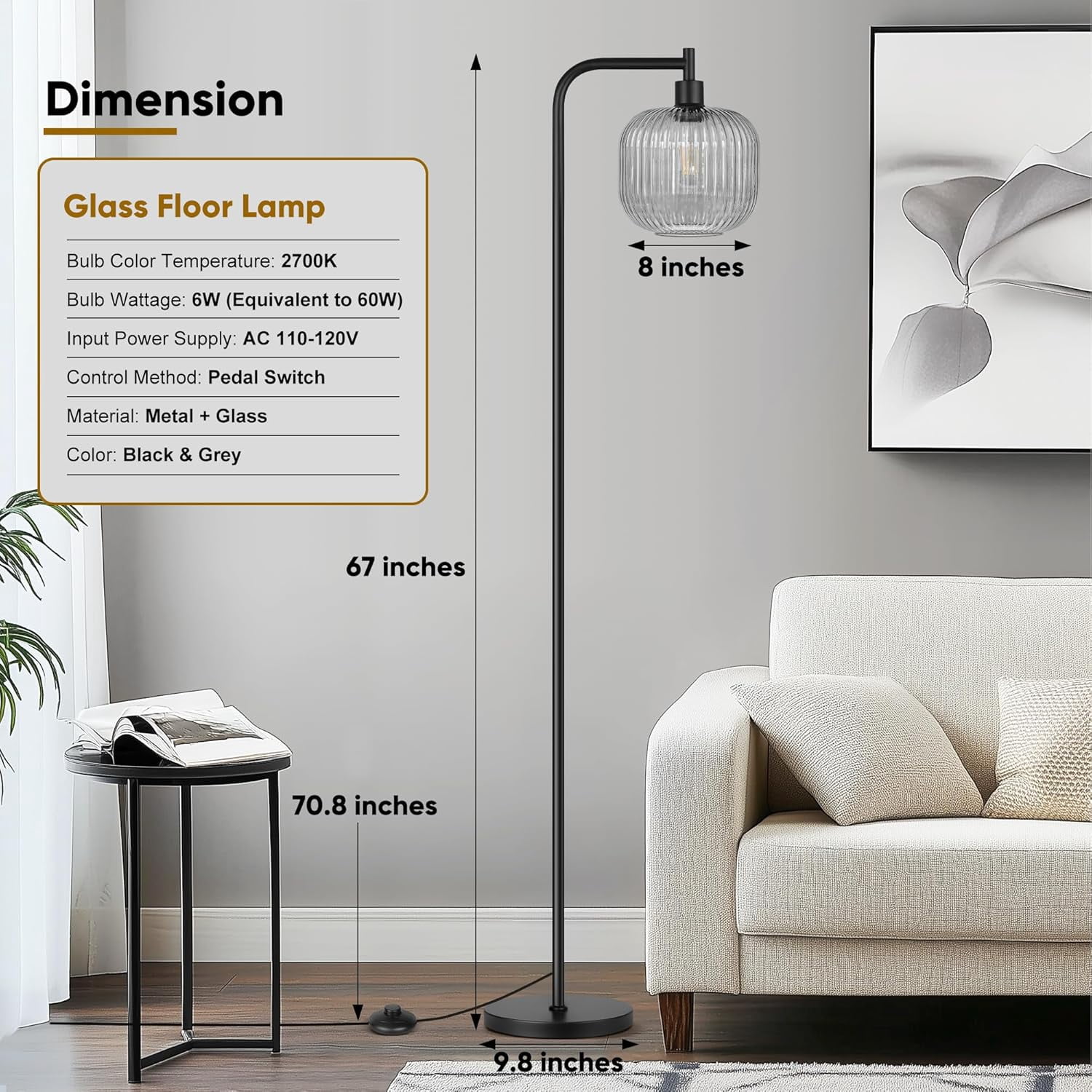 67” Modern Glass Floor Lamp for Living Room, Standing Lamp with Ribbed Grey Glass Lampshade Pedal Switch for Bedroom Study Room, Black (Bulb Included)