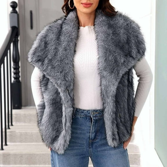 Hurxie Women's Fashion Autumn and Winter Warm Short Faux Fur Vests Dark Gray 2XL