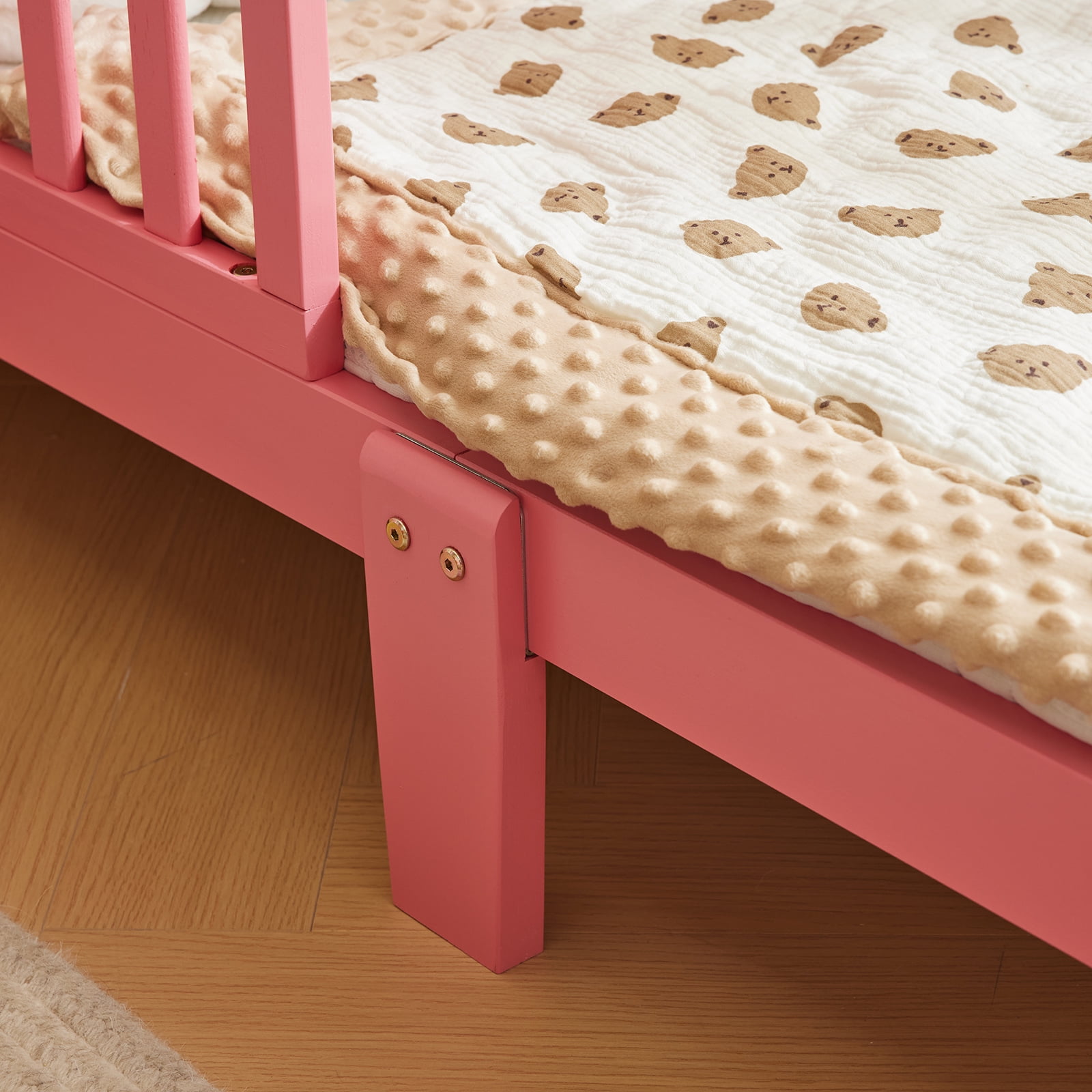 Zimtown Wood Bed, Wood Bedframe Bedroom Furniture w/Safety Rail Fence (Pink)