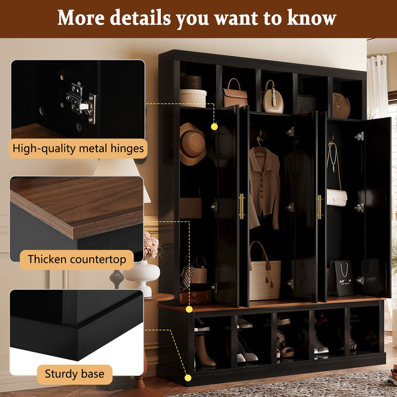 Modern Entryway Storage Cabinet with Shoe Racks & Cubbies, Coat Closet Large Hall Tree with Shoe Bench & Hooks