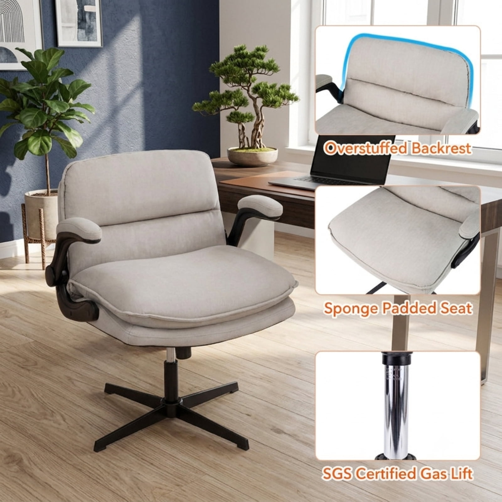 Furnibear Ergonomic Office Desk Chair with Flip-Up Arms, Height Adjustable Criss Cross Rocking Task Chair with Wide Backrest and Padded Seat, Beige