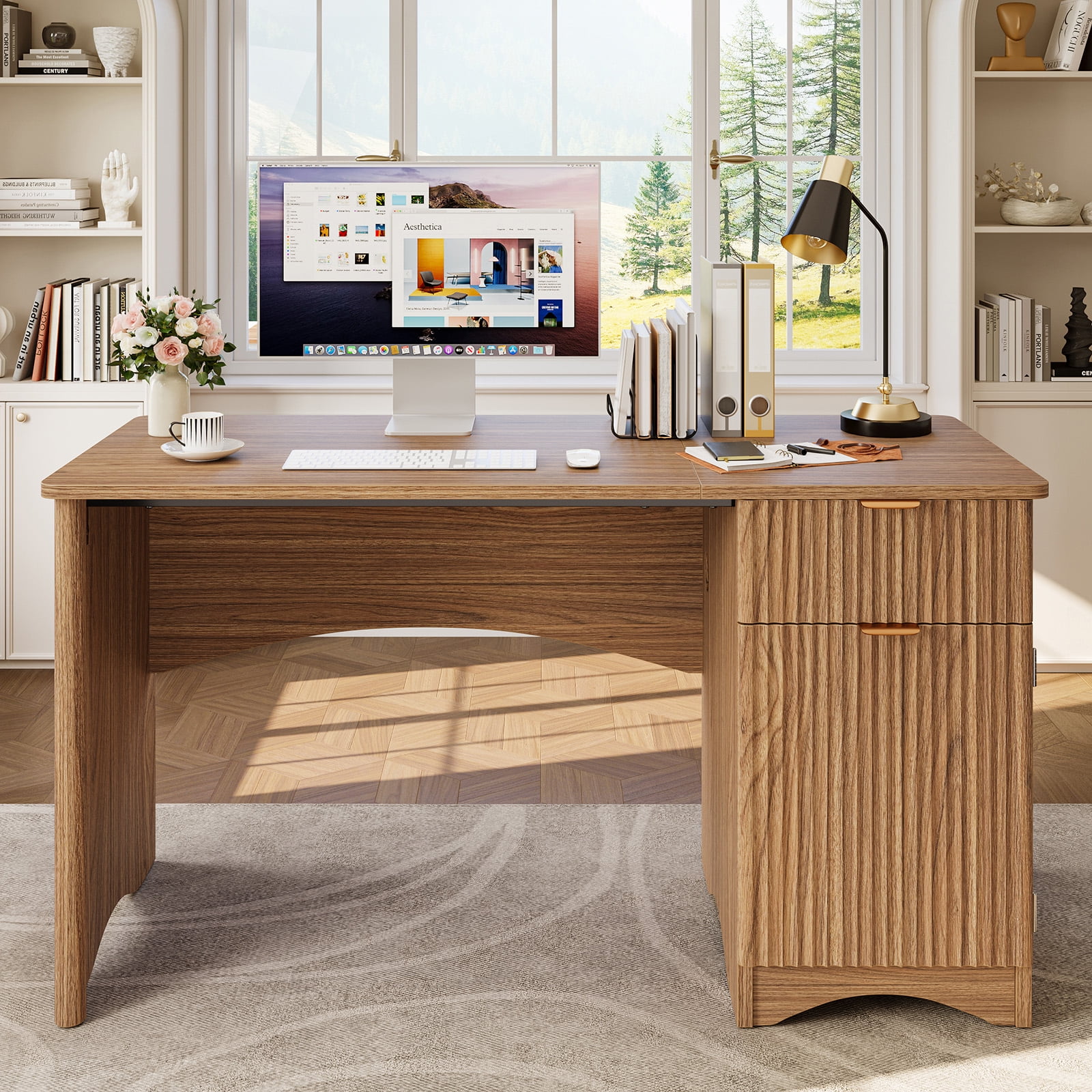 Bestier 47" Computer Desk with Drawer, Modern Home Office Desk with Storage Cabinet, Fluted PC Study Writing Desk for Small Spaces, Brown Oak