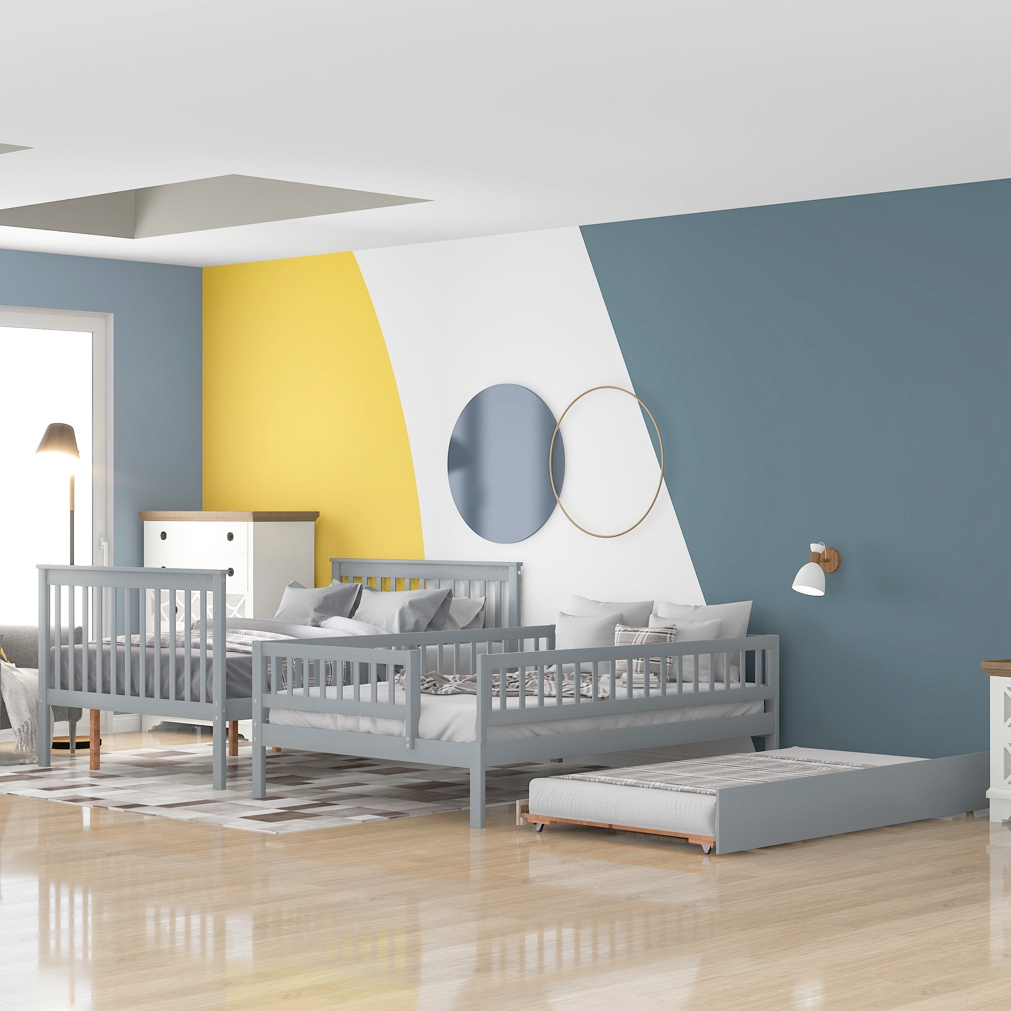 EUROCO Full over Full Bunk Bed with Twin Trundle Bed and Storage Shelves for Kids, Three Beds with Storage for Kids Teens Adults, Gray