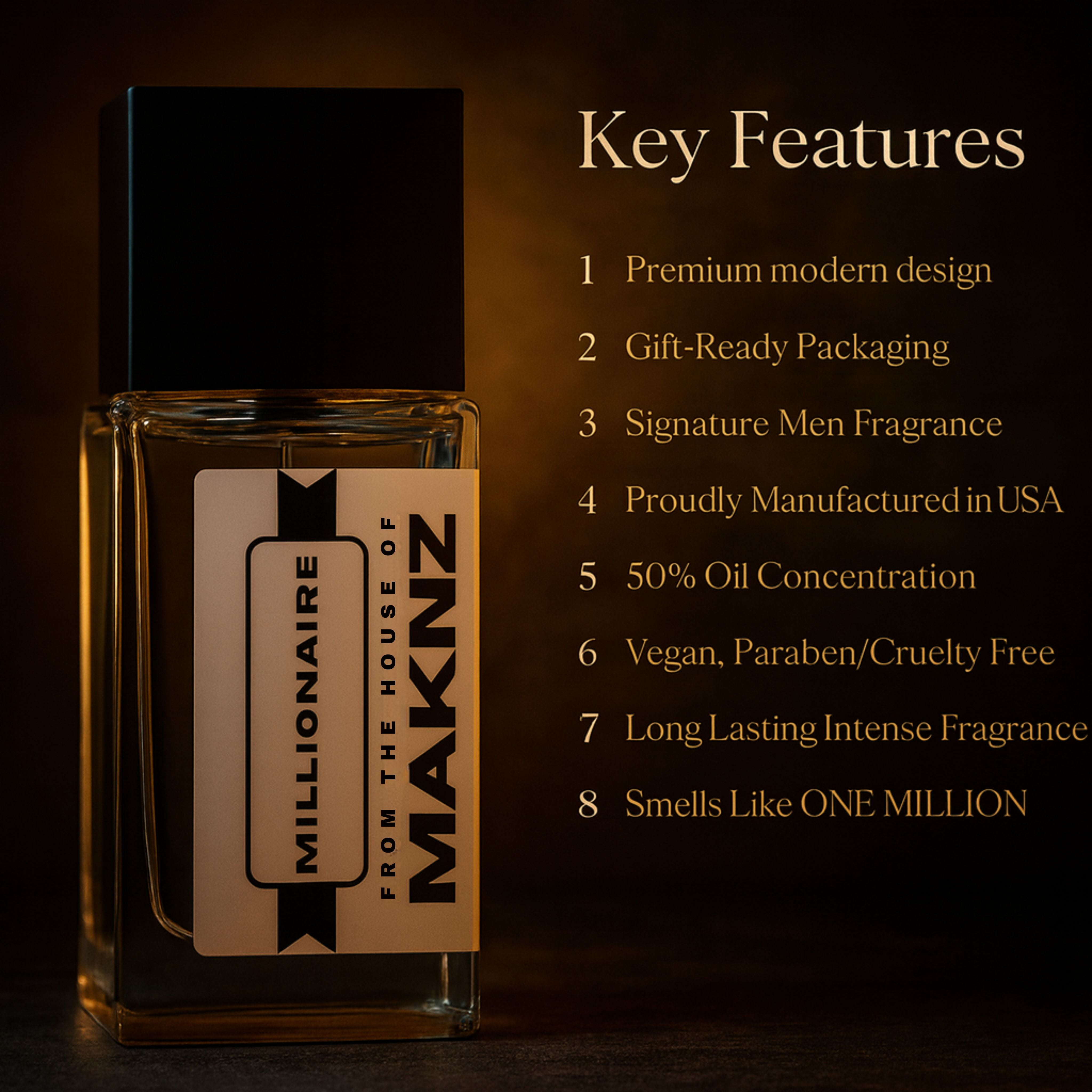 MAKNZ Millionaire Eau de Parfum, Inspired by One Million, Cologne for Men, 1.7 oz / 50ml – Cinnamon, Citrus, Amber, Woody, Leather, Rose, Spicy