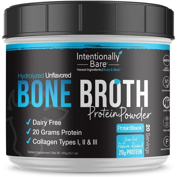 Bone Broth Protein Powder- 20 Grams Protein - Collagen Types 1, 2 & 3 - Grass-Fed, Pasture Raised Cows - Dairy Free - Unflavored - 20 Servings