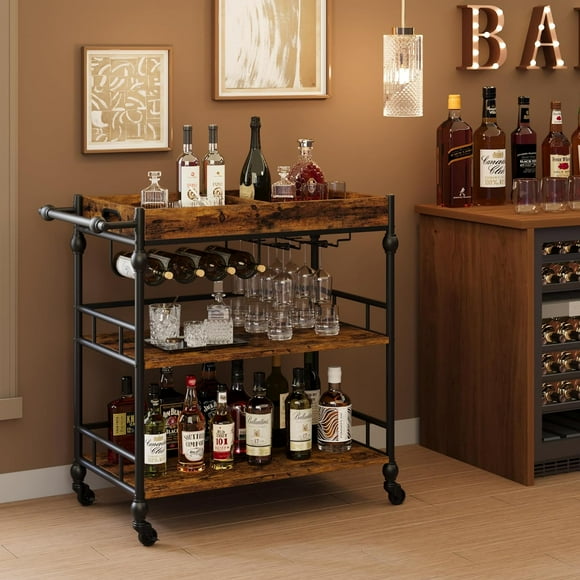 Bar Cart, 3 Tier Bar Cart with Wheels, Rolling Cart with Wine Rack and Glasses Holder, Industrial Serving Cart with Removable Tray for Kitchen, Living Room, Dining Room - Rustic Brown