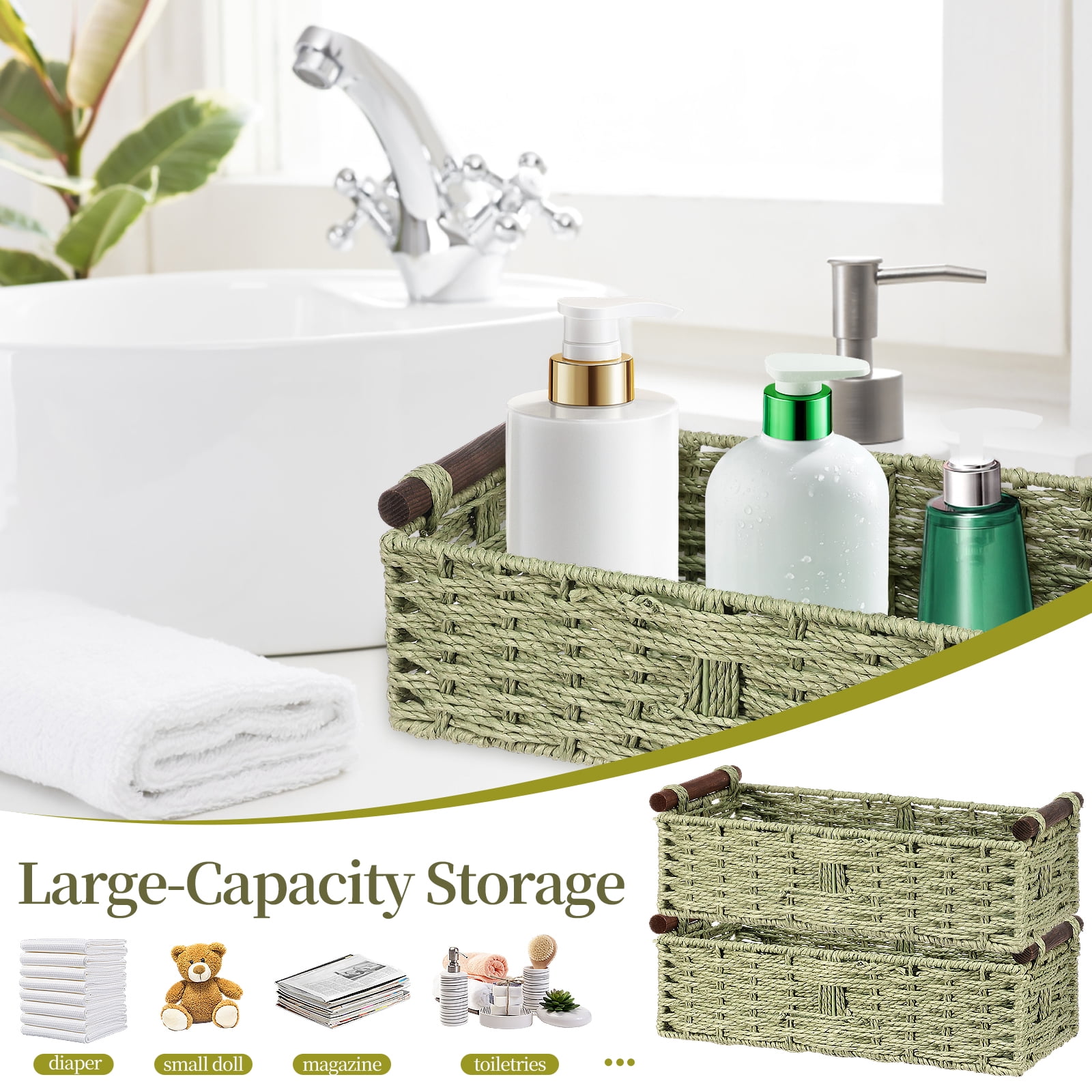 Dznils Wicker Toilet Paper Storage Basket with Handle, Bathroom Towel Organizer, Green, Set of 2