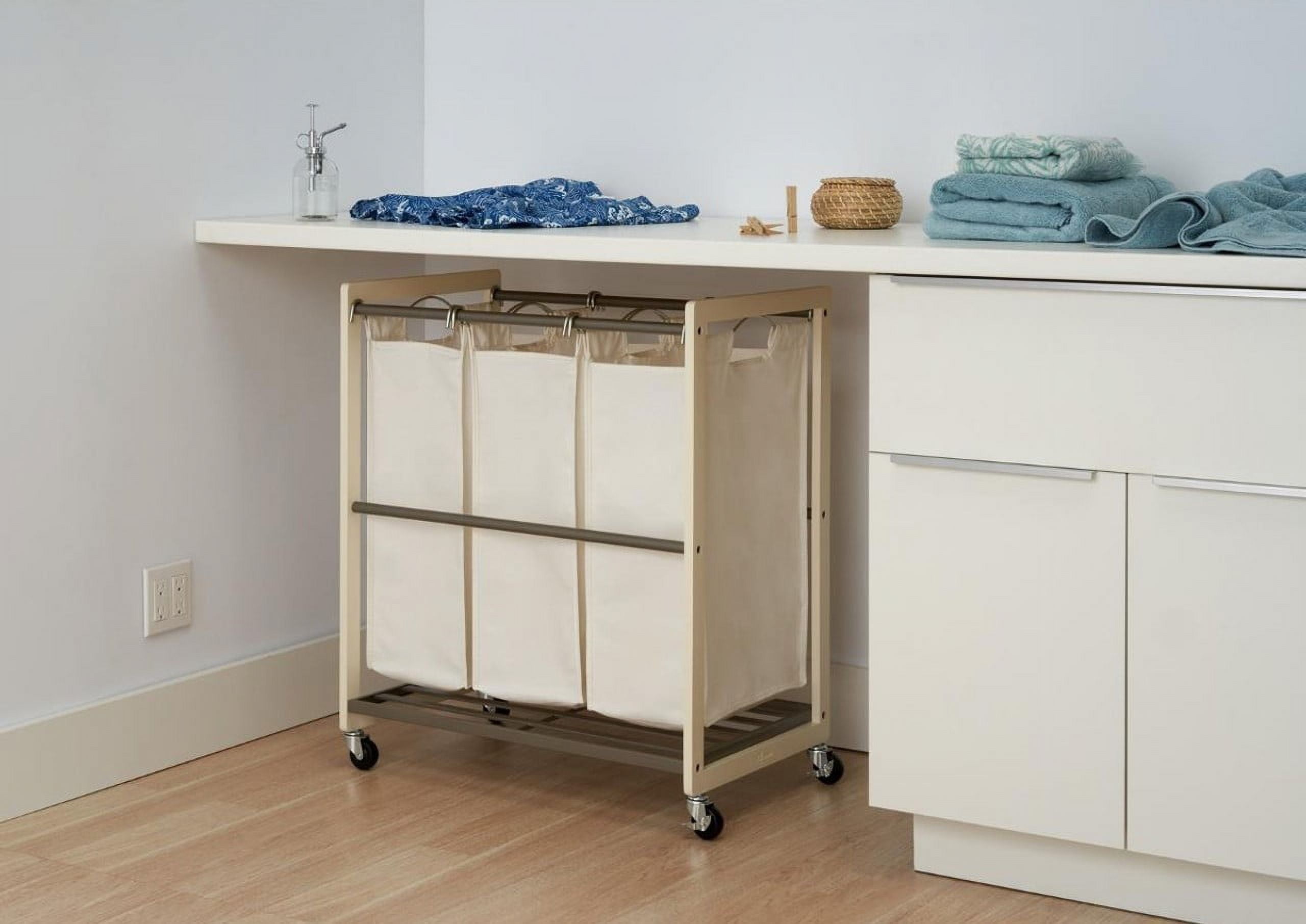 TRINITY 3-Bag White Laundry Cart w/ Champagne Poles