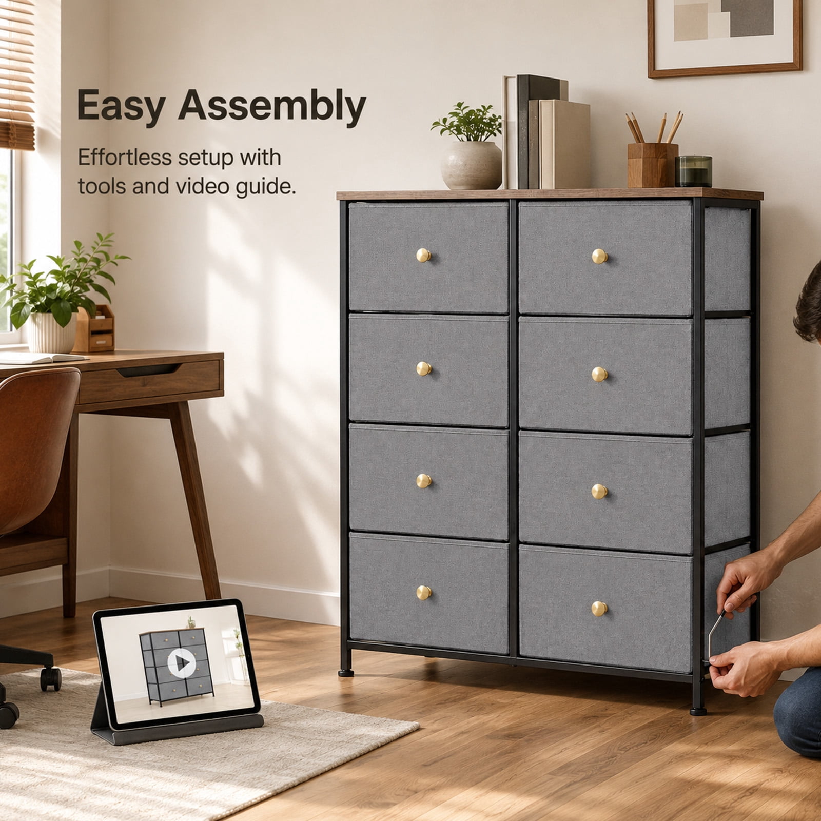 Alvantor 8/9 Drawer Fabric Dresser, Storage Tower for Bedroom and Closet, Chest of Drawers with Sturdy Steel Frame & Wooden Top for Living Room, Entryway