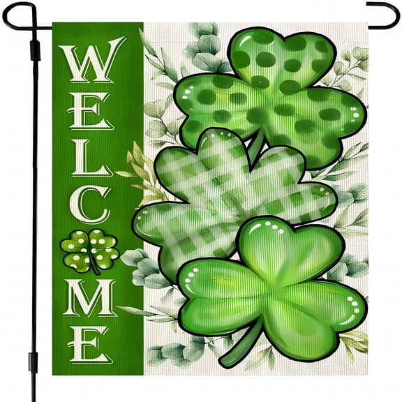 AUQ St Patricks Day Shamrocks Garden Flag 12x18 Inch Double Sided for Outside Small Welcome Green Clovers Burlap Holiday Yard Flag