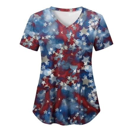 

Women Scrub Tops Casual V-Neck Short Sleeve Holiday Classic Working Uniform Nurses Clothing Top Independence Day Printed Pocket Workwear T Shirt Leisure Dailywear