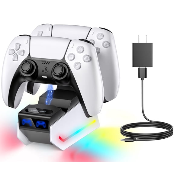 New bee PS5 Controller Charging Station, Dual Fast Charging Dock for 2 Controllers,2.5H Full Charge with 7-Color LED & Indicator,Includes Type-C Cable & Adapter,Plug and Play,White