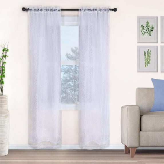 Boho Leaves Pattern Panels Sheer Curtains, 26" x 84", White