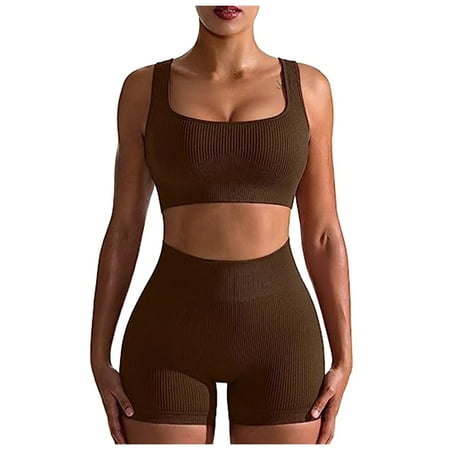 Outfits for Women 2 Piece Sets Clearance Workout Outfit Sets For Women 2 Piece Seamless Ribbed High Waist Leggings With Sports Bra Crop Tank Gym Yoga Sets   Womens Clothes Trendy Spring 2024 Coffee L