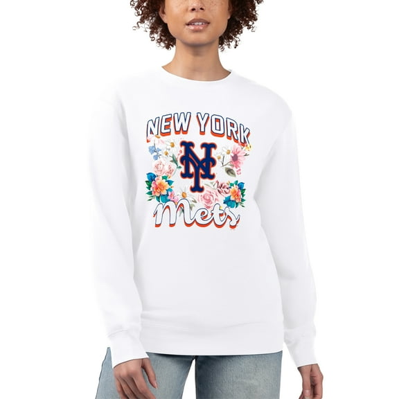 Women's G-III 4Her by Carl Banks White New York Mets Flowers Graphic Pullover Sweatshirt