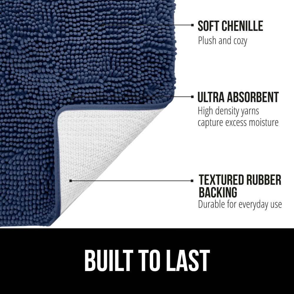 GORILLA GRIP Chenille Bath Rug 24x16, Rubber Backing Quick Dry Washable Microfiber Mats, Navy