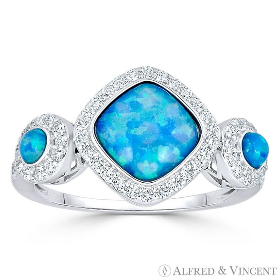 Square & Round Cabochon Synthetic Opal & Round CZ Crystal Right-Hand Ring in .925 Sterling Silver w/ Rhodium