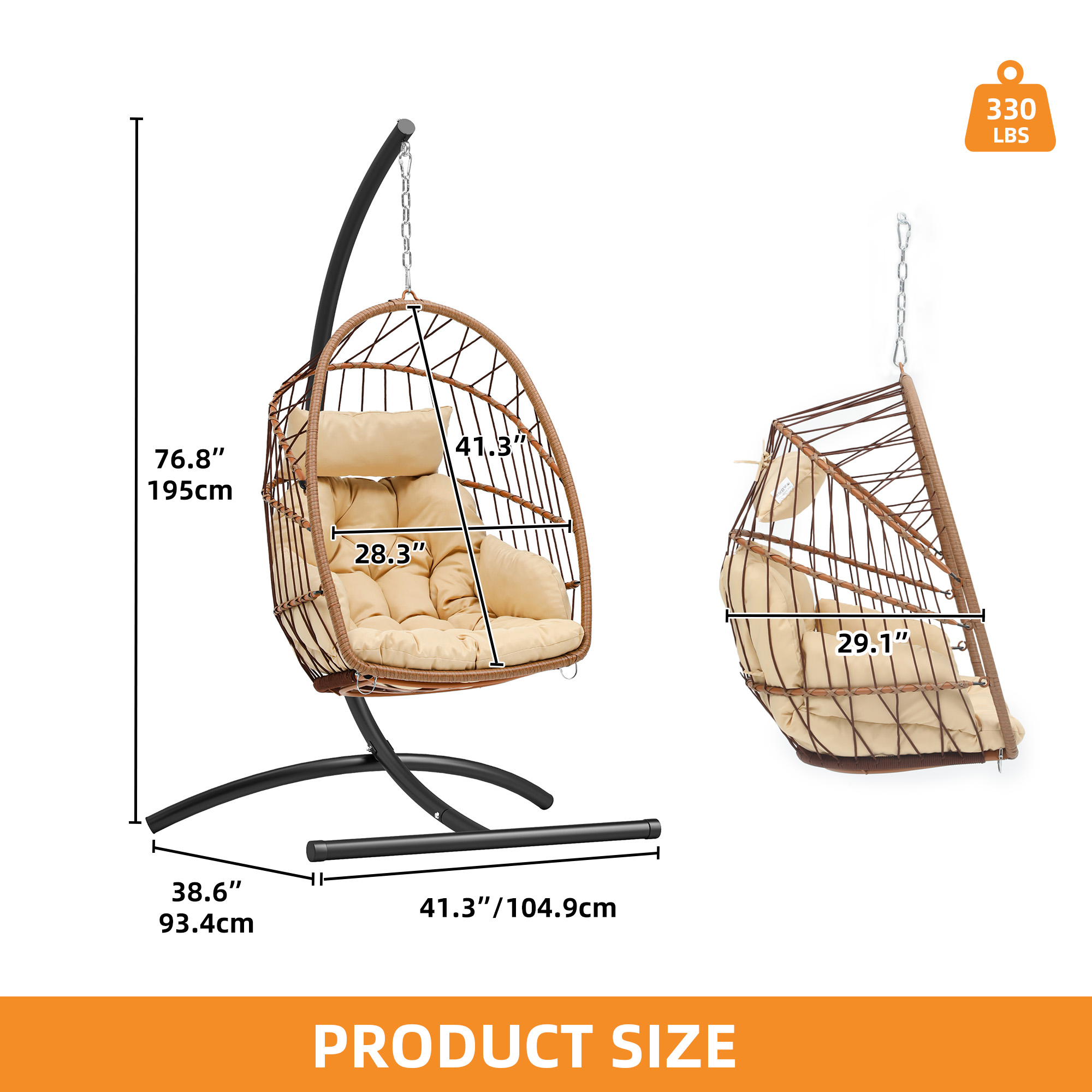 Uforic Hanging Egg Chair with Stand & Cushion, Swing Design, 330 Lbs for Indoor/Outdoor, Brown