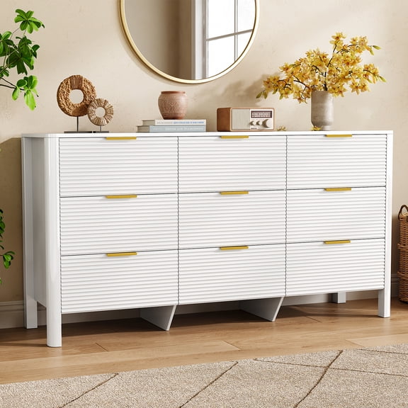 NIUEJOI Fluted 9 Drawers Dresser for Bedroom, 60" White High Gloss Chest of Drawers with Metal Handles for Living Room, Hallway