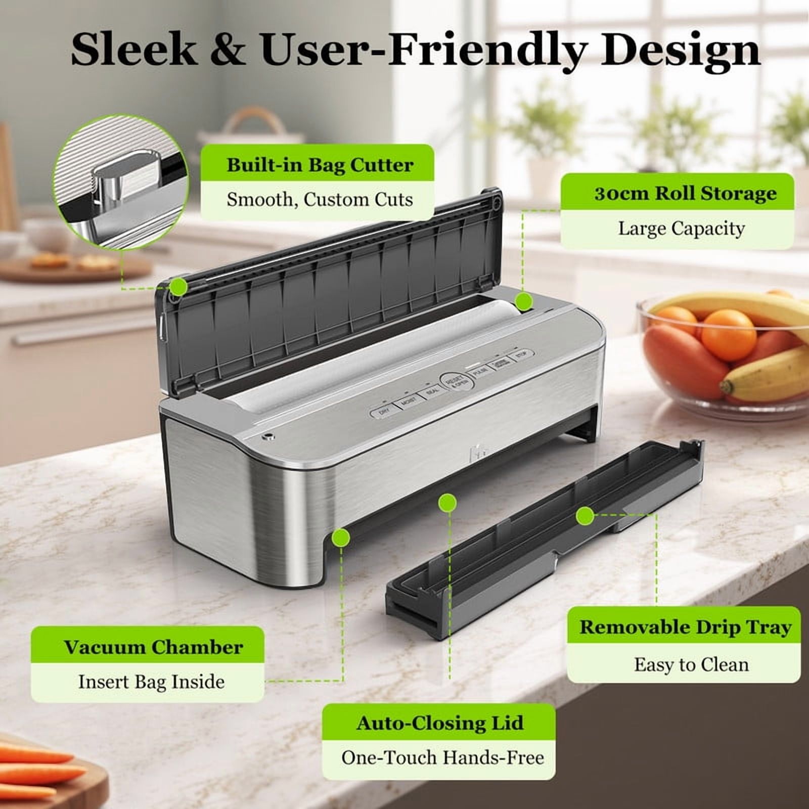 TINKLE WELL Automatic Vacuum Sealer Machine, 120W Powerful Sealing System, Built-in Cutter & Bag Storage, Includes 2 Rolls + 5 Pre-Cut Bags, Moist Mode & Air Suction Hose for Liquid Foods