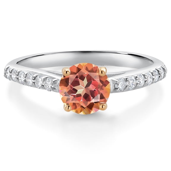 Gem Stone King 10K White Gold Ecstasy Mystic Topaz and White Lab Grown Diamond Engagement Ring for Women (1.18 Cttw, Round 6MM, Gemstone, Size 7)
