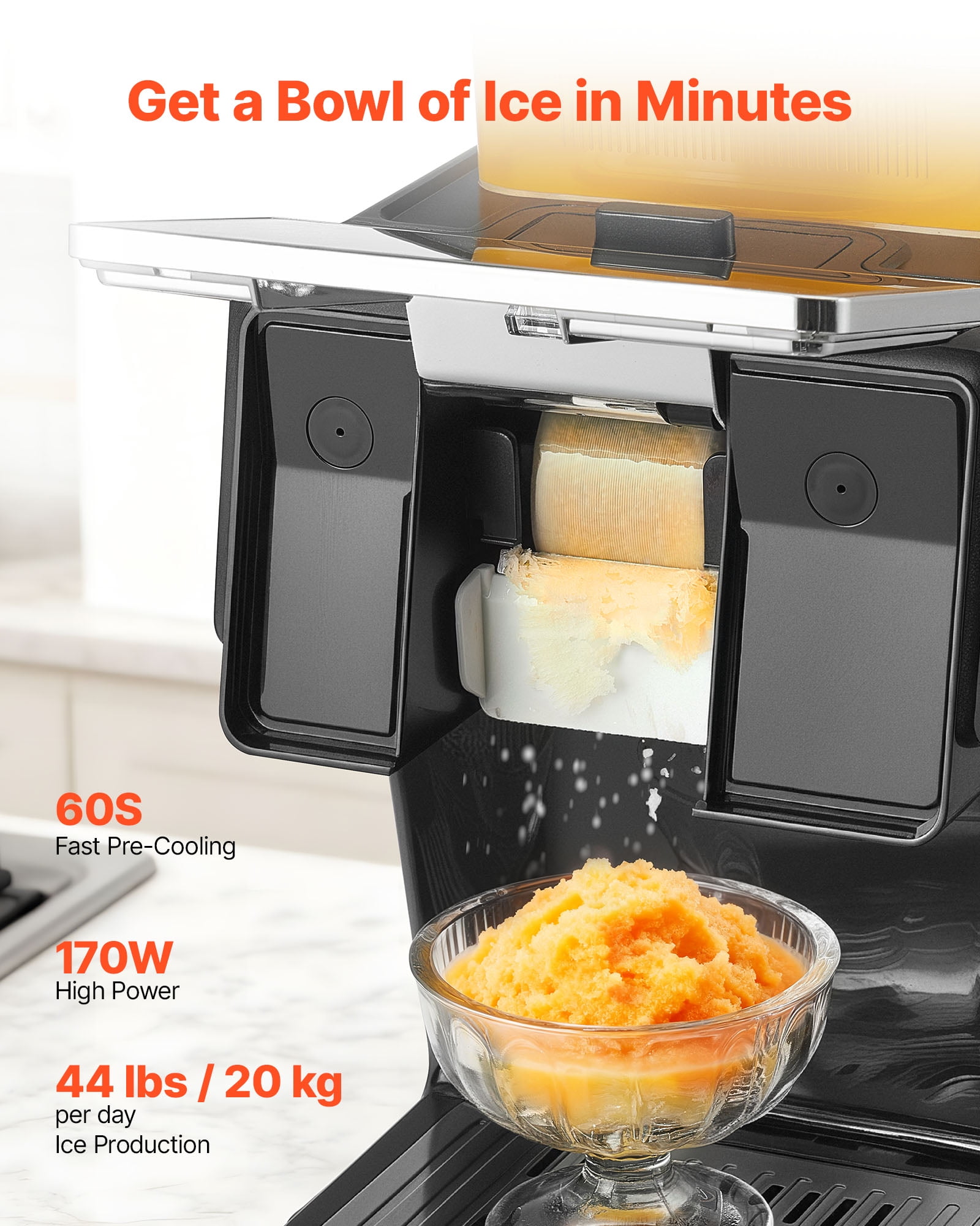 VEVOR Snowflake Ice Machine, 44LBS/24H Snowflake Ice Maker, Ice-Shaver Machine with Stainless Steel Blade, Electric Snow Cone Maker with 0.2 Gal Tank, 60S Fast Pre-Cooling,for Home & Small Gatherings