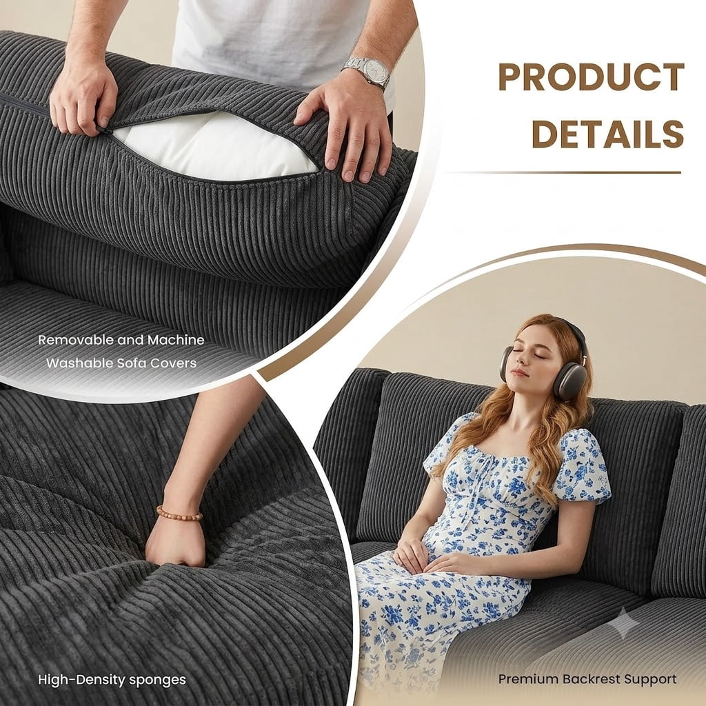 Howcool Cloud Couch Modular Sectional Sofa 6 Seat 122" L Shaped Reversible Convertible Couch, Corduroy Thick Cushion with Movable Ottomans, Washable Removable Cover for Living Room,Black