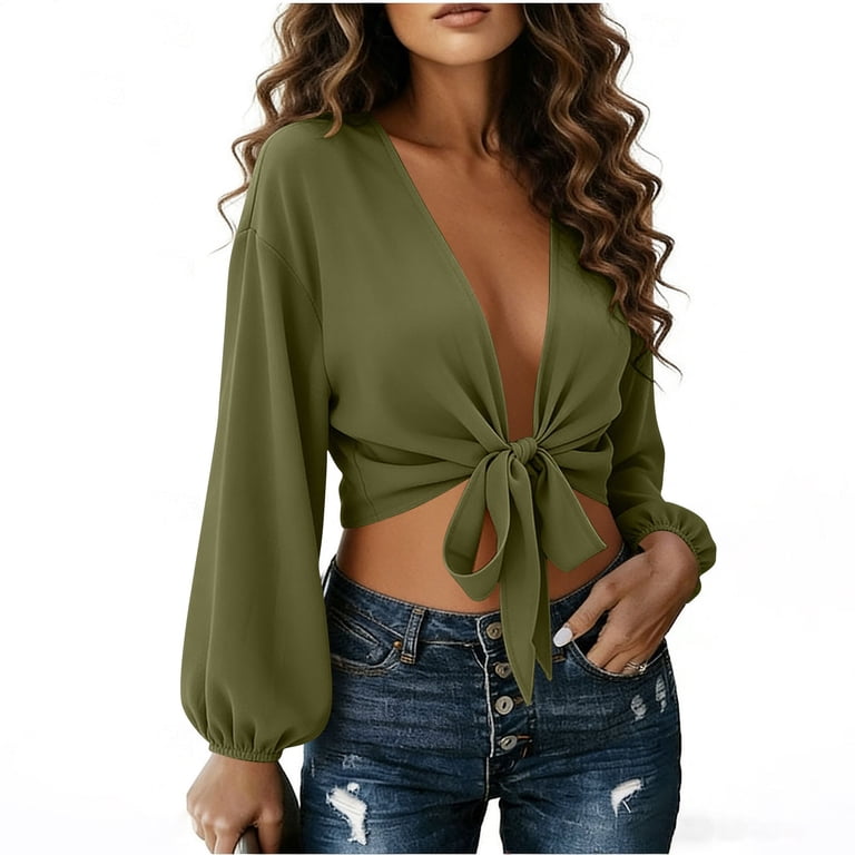 Pounoo Women's Blouses Long Sleeve Tie Front Tops Urban Street