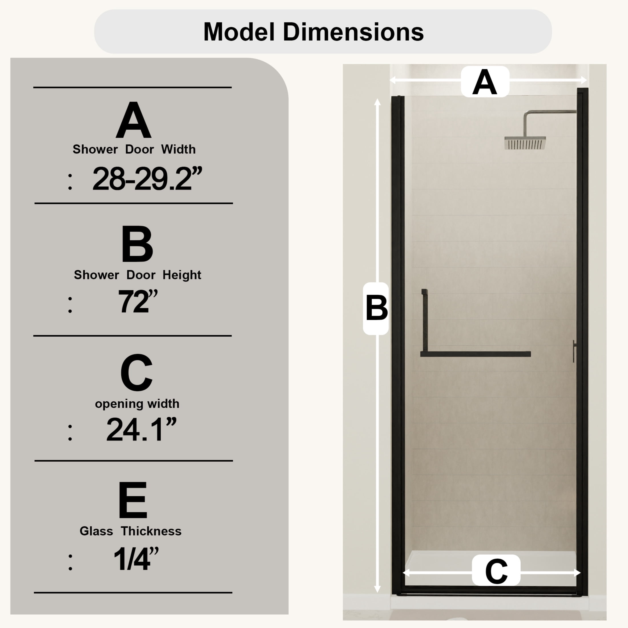 Noble House 29" Semi-Frameless Pivot Shower Door, Tempered Clear Glass, Reversible Adjustable Width, Matte Black