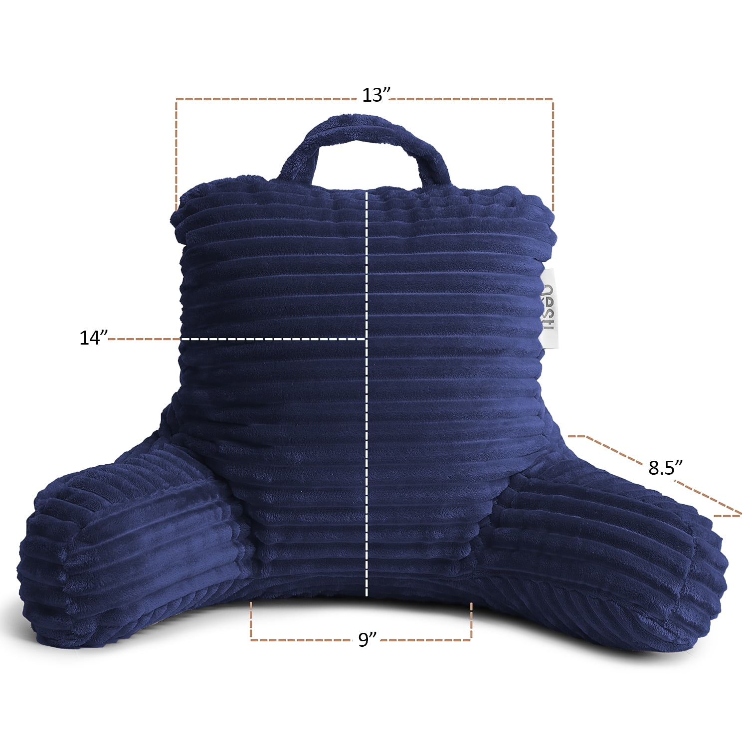 Nestl Reading Pillow Bonus Portable Lap Desk Stand for Laptop 19x11”, Cut Plush Striped Back Support Pillow, Shredded Memory Foam Bed Rest Pillow with Arms for Kids & Teens - Small, Navy